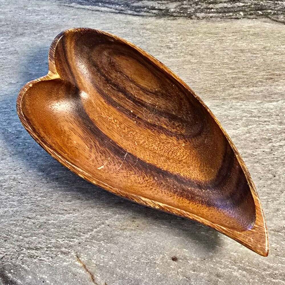 Vintage Monkey Pod Wood Leaf Shaped Bowl Hand Carved Made in Philippines